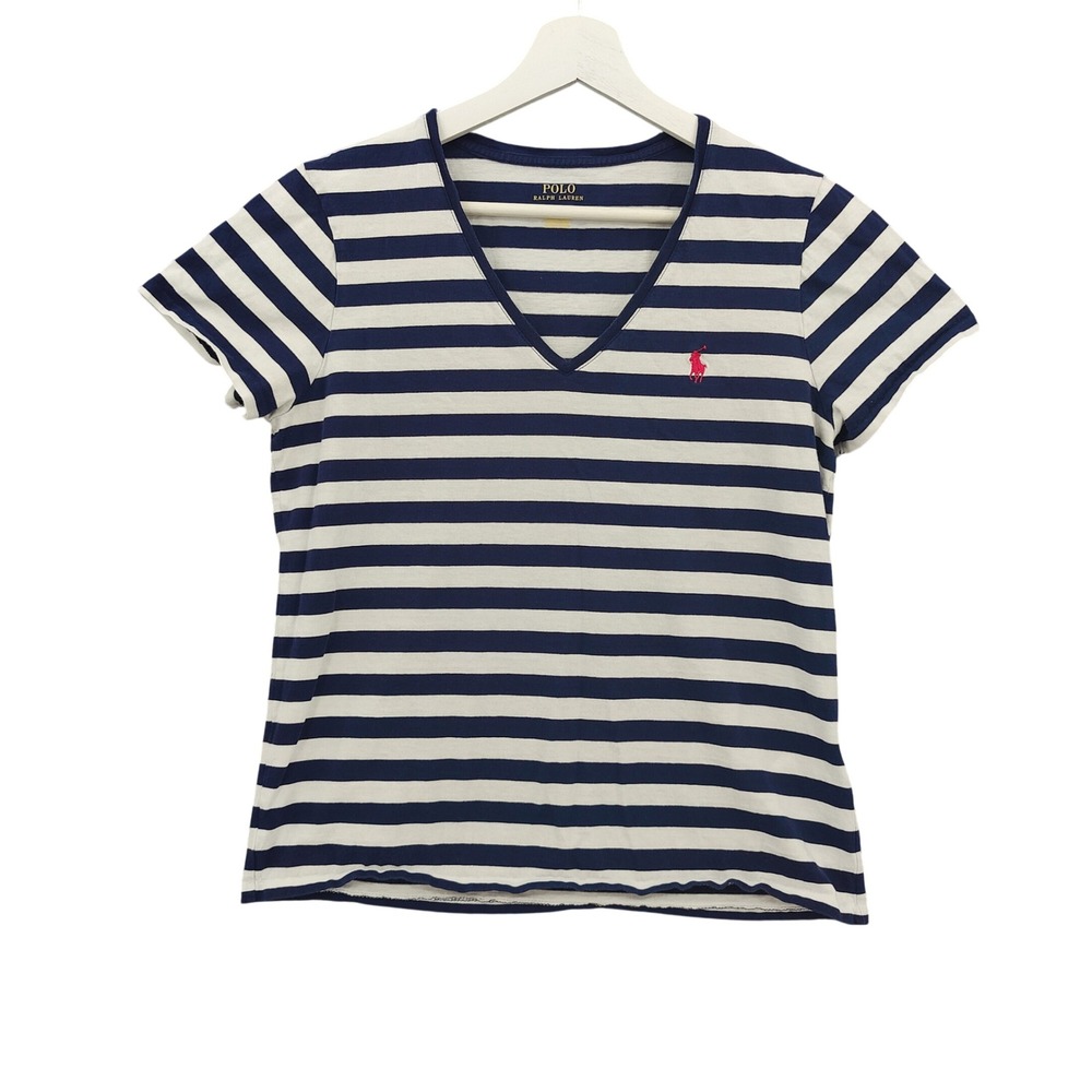 Polo Ralph Lauren Women Striped VNeck Short Sleeve Top Navy Pony Large Nautical